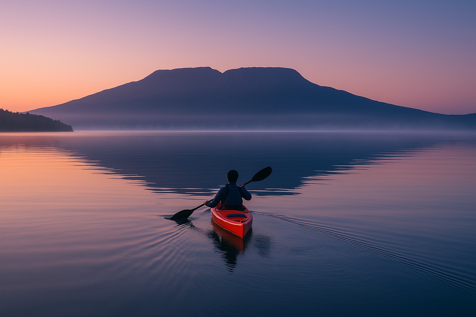 Kayaking on Lake Tarawera at sunset with Mount Tarawera in background