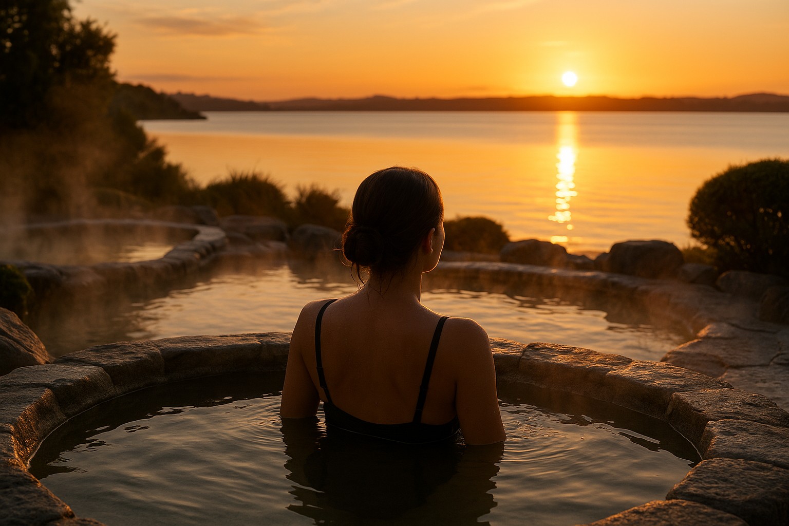 Polynesian Spa thermal pools overlooking Lake Rotorua at sunset