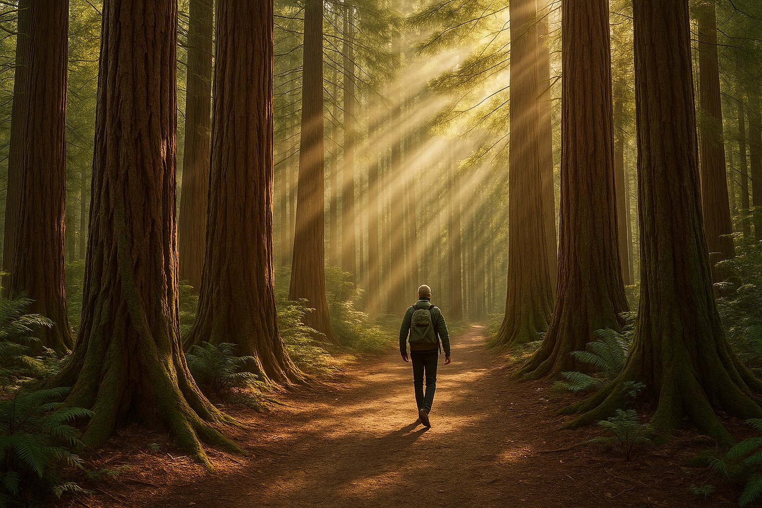 Sunlight filtering through towering redwood trees on forest walking trails